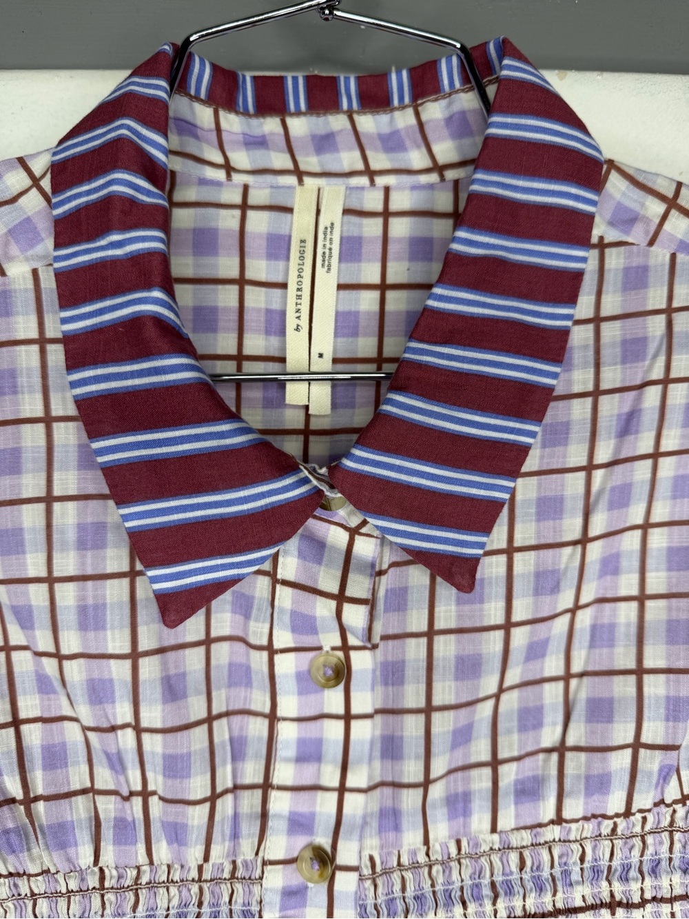 Anthropologie Lavender Plaid Button-Down with Maroon Striped Accents - Picture 2 of 12